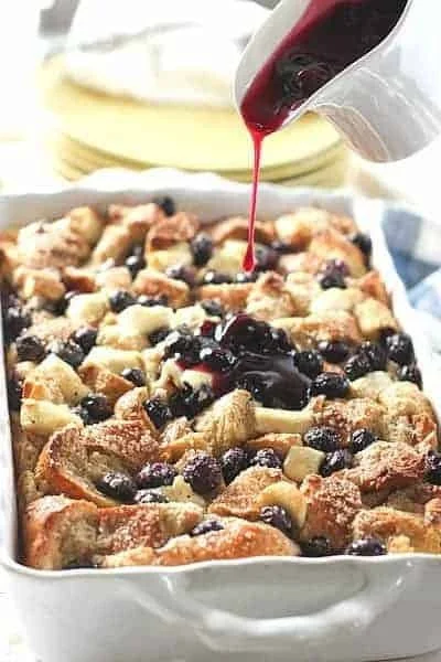 Blueberry Cream Cheese French Toast Casserole served in a dish