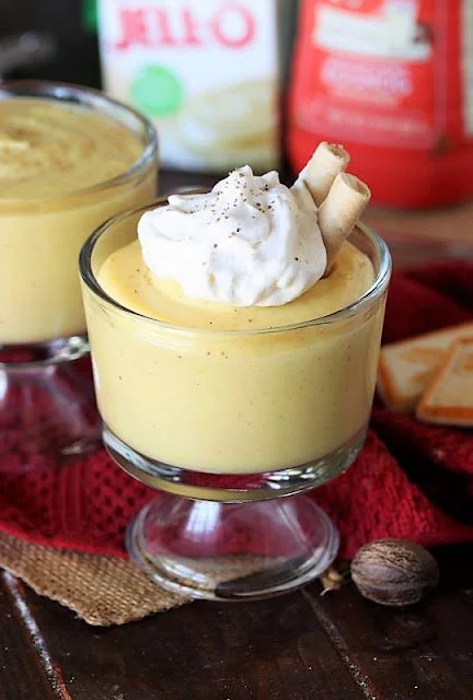 Delicious creamy quick eggnog pudding in a festive bowl