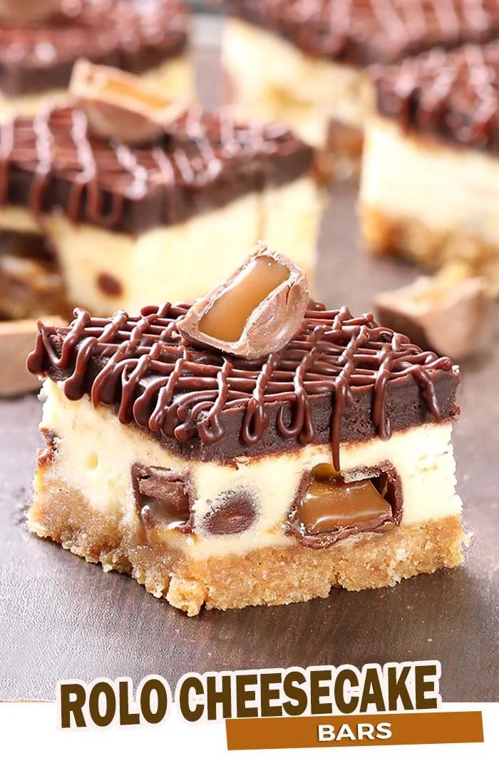 Decadent Rolo Cheesecake Bars