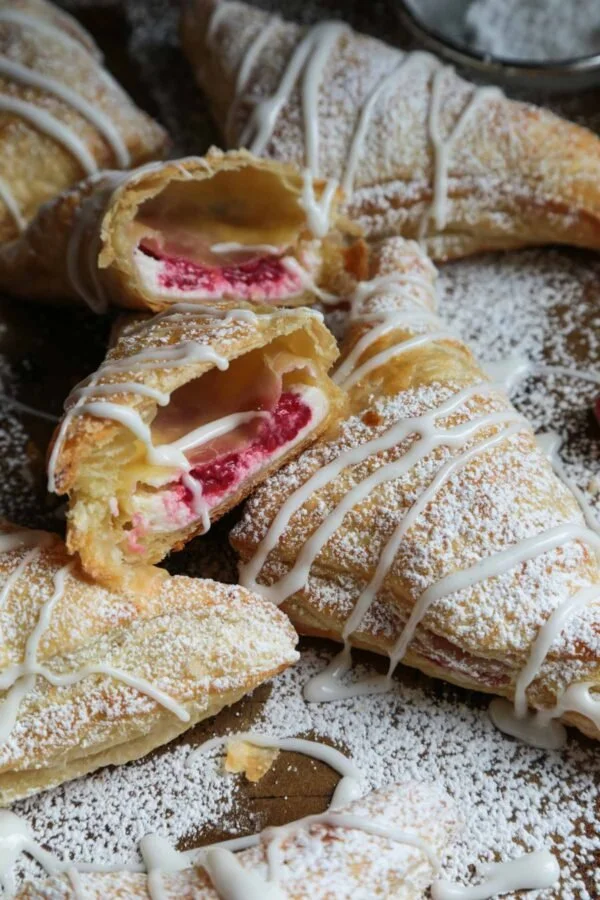 Freshly baked raspberry cream cheese turnovers on a plate.