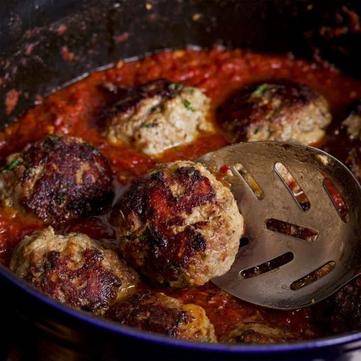 Plate of homemade Italian meatballs served with marinara sauce