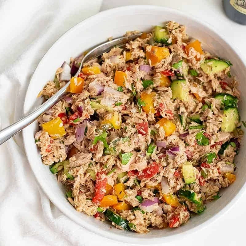 Mediterranean Tuna Salad recipe with fresh ingredients, no mayo, and gluten-free