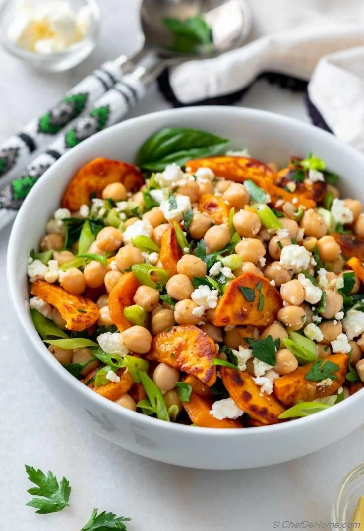 Sweet Potato Roasted Chickpea Feta Salad
